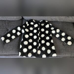 KATE SPADE Girls Size 12 Black White Faux Fur Lined Polka Dot Jacket Coat